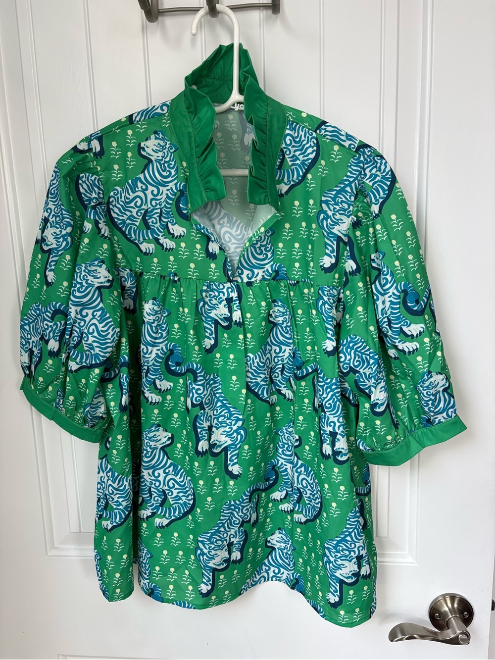 Green Tiger-Print Peasant Blouse